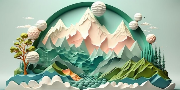 Un taglio di carta di montagne con una montagna sullo sfondo.