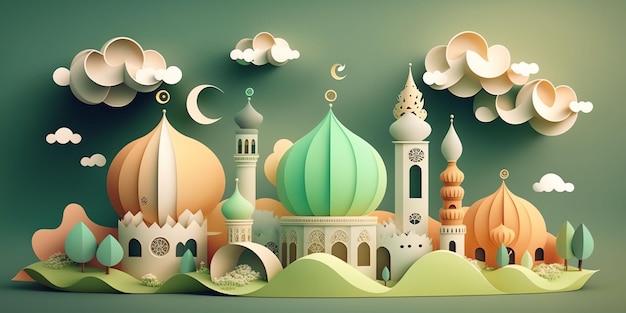 Un taglio di carta di una moschea e di una luna con uno sfondo verde.