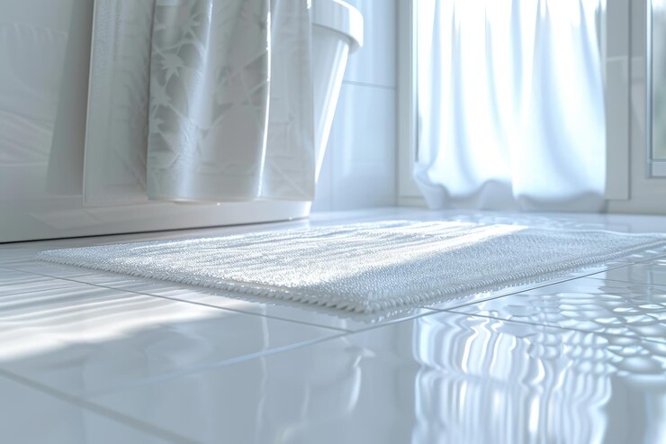 Un tappetino bianco sul pavimento di un bagno bianco e pulito