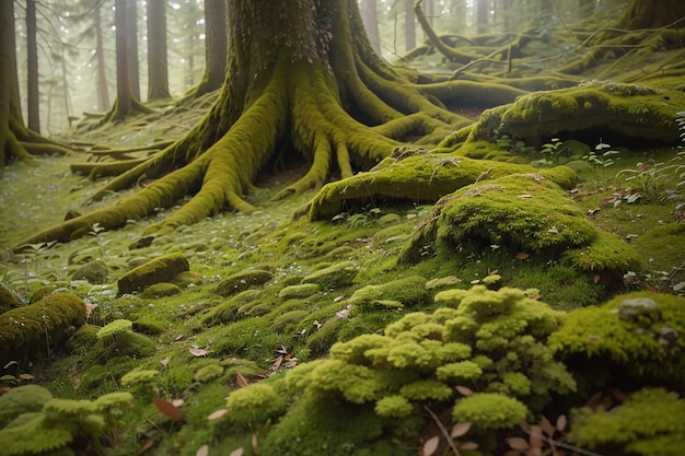 Un tappeto di delicato muschio che ammorbidisce il pavimento della foresta sotto gli alberi antichi