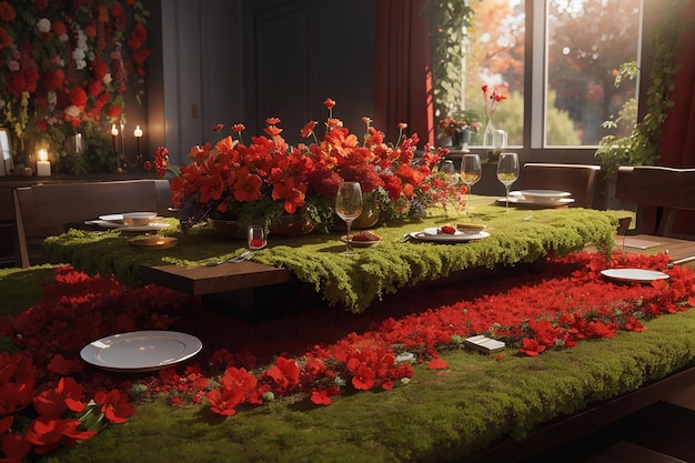 Un tappeto di fiori rossi e muschio pende dal tavolo da pranzo