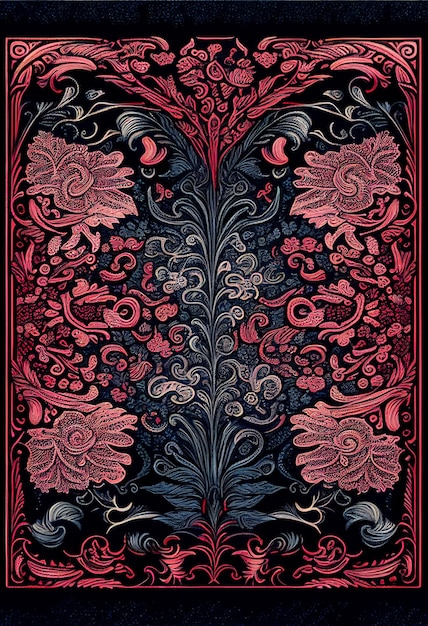 Un tappeto nero e rosso con un motivo floreale.