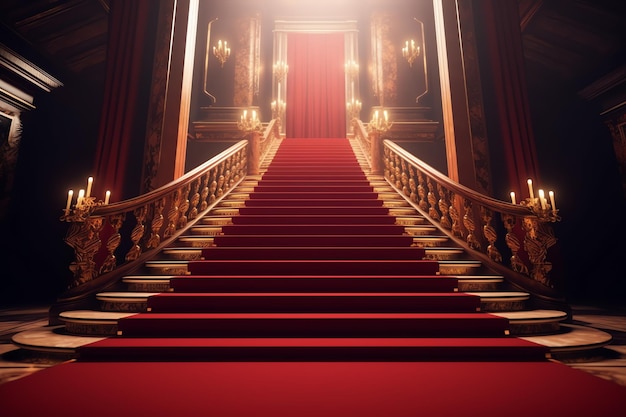 Un tappeto rosso con accenti dorati è allestito in una stanza buia