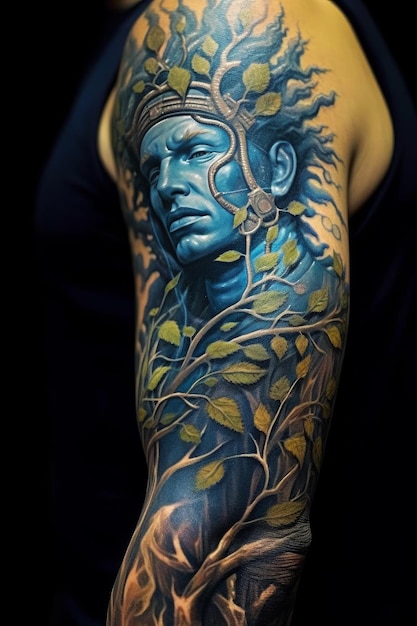 Un tatuaggio di un uomo con una faccia blu e foglie sul braccio.