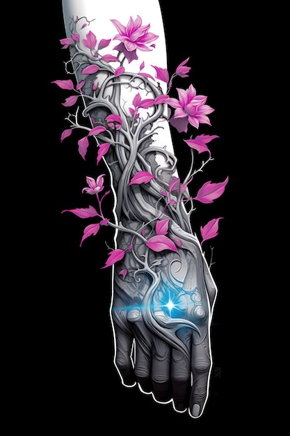 Un tatuaggio di una mano con un fiore sopra