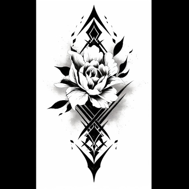 un tatuaggio in bianco e nero di una rosa con un diamante generativo ai