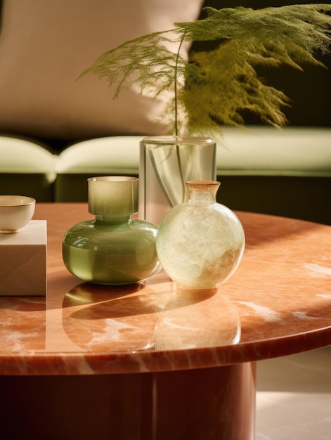 Un tavolino da caffè con dettagli in tonalità neutre della terracotta, stile elegante e bellissimi dettagli