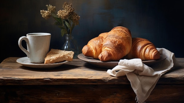 un tavolino rustico con un cappuccino e un croissant ancora