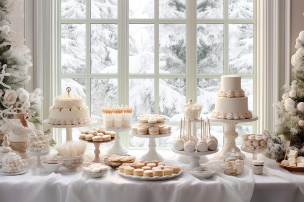 un tavolo a buffet di dessert luminoso e ventilato con una torta