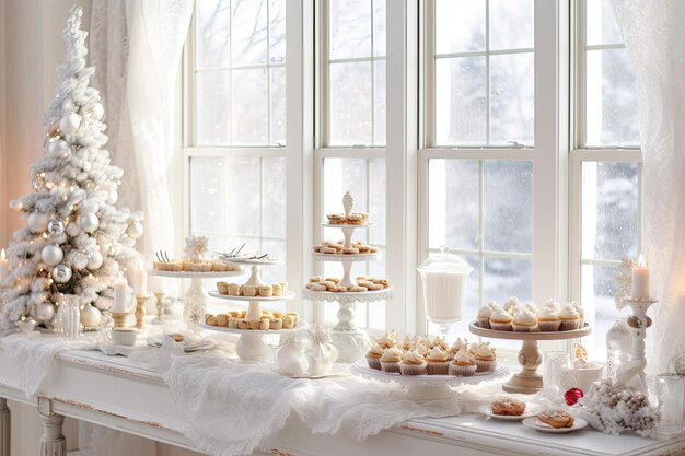 un tavolo a buffet di dessert luminoso e ventilato con una torta