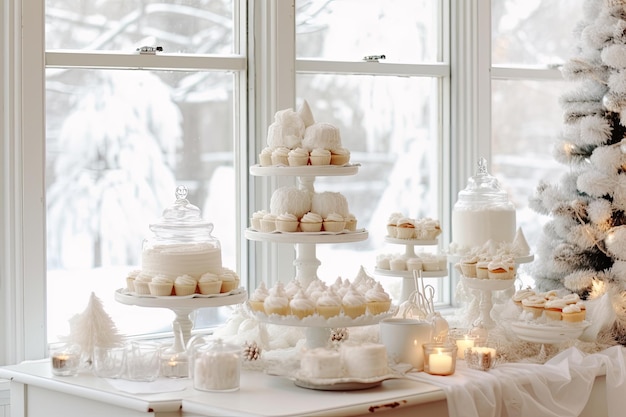 un tavolo a buffet di dessert luminoso e ventilato con una torta