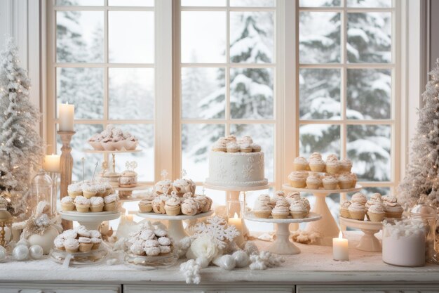 un tavolo a buffet di dessert luminoso e ventilato con una torta