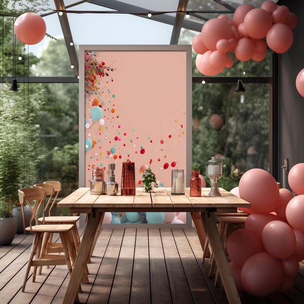 Un tavolo a tema rosa con palloncini rosa