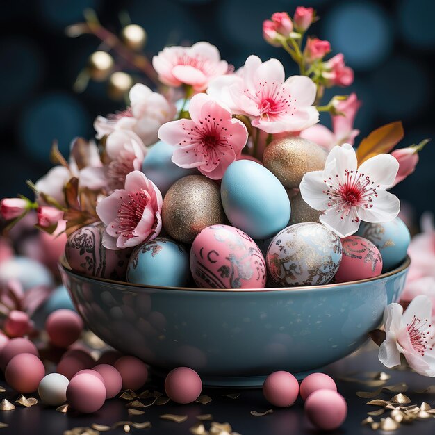 Un tavolo adornato con una ciotola di uova di Pasqua e fiori