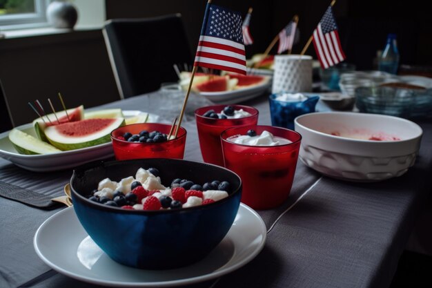 Un tavolo apparecchiato per un pasto patriottico e una bandiera degli Stati Uniti d'America