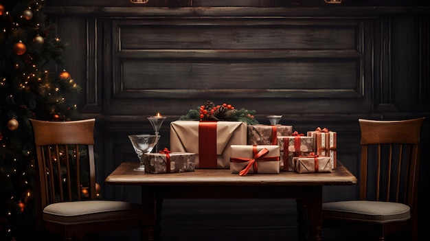 Un tavolo ben e elegantemente allestito con regali e albero di Natale retro colorato scuro vintage