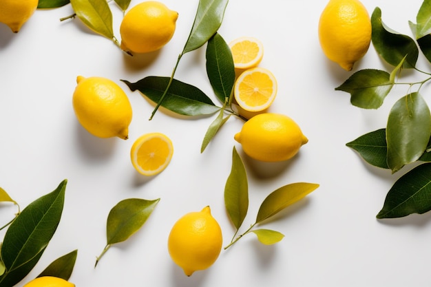 Un tavolo bianco con limoni e foglie sopra