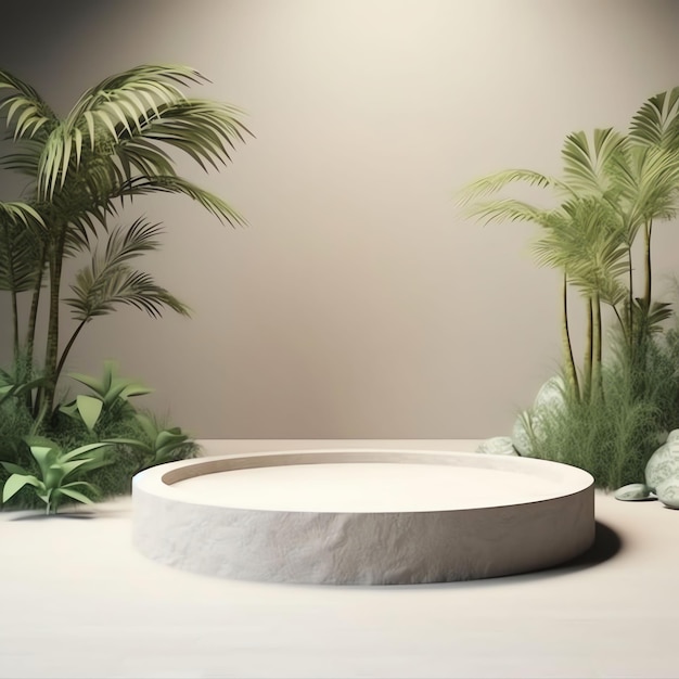 Un tavolo bianco con piante e un cerchio rotondo con una pianta verde al centro.