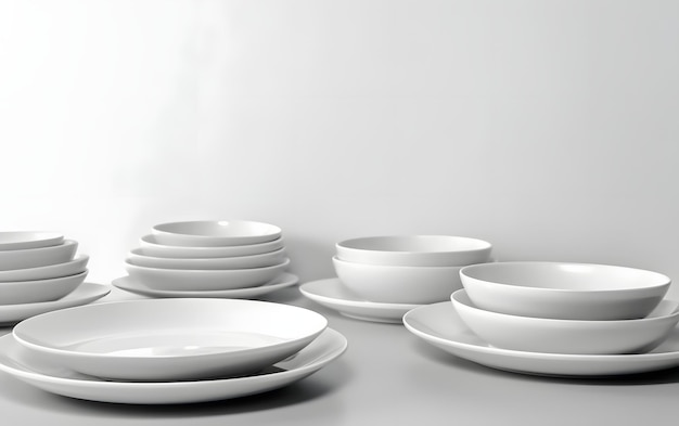 Un tavolo bianco con piatti e ciotole bianchi sopra.