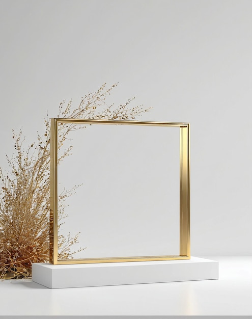 un tavolo bianco con una cornice d'oro e una pianta