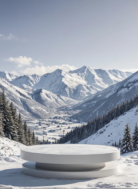 un tavolo bianco nella neve con le montagne sullo sfondo