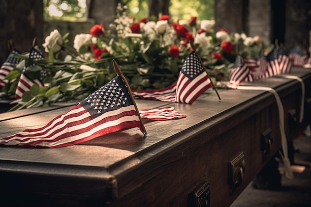Un tavolo con bandiere americane su di esso con un mazzo di fiori sullo sfondo