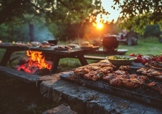 un tavolo con barbecue e cibo sullo sfondo