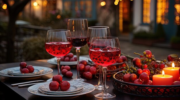 un tavolo con bicchieri di vino e una ciotola di uva su di esso