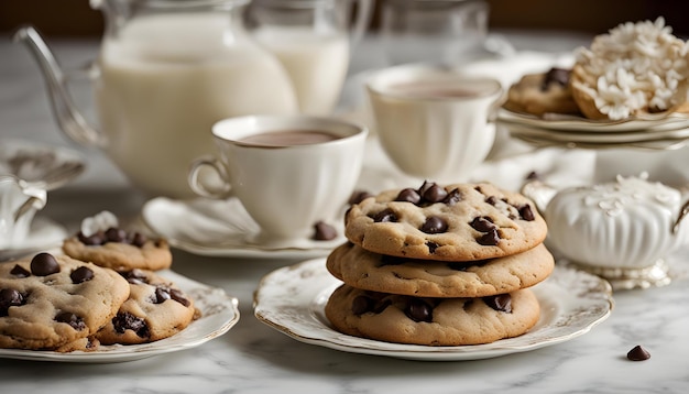 un tavolo con biscotti al cioccolato e caffè e latte