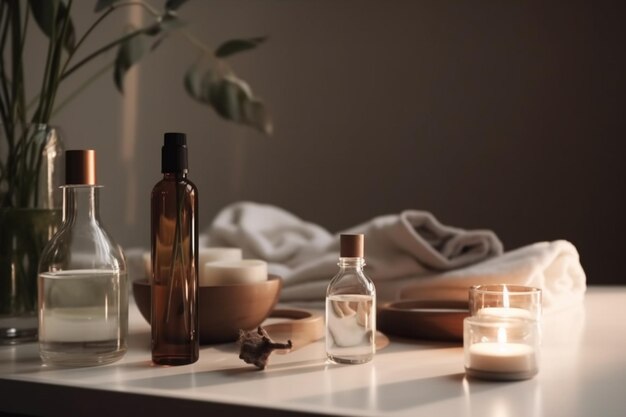 Un tavolo con bottiglie di olio, candele e una candela sopra.