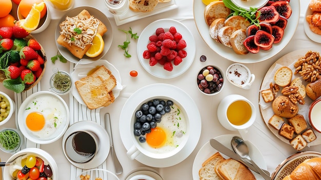 un tavolo con caffè per la colazione e un piatto di cibo