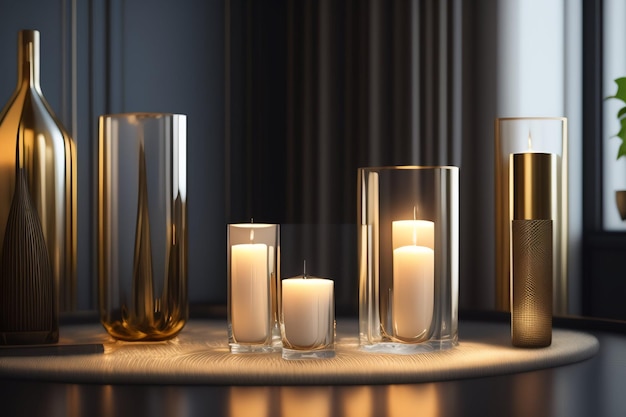 Un tavolo con candele e vasi con uno che dice candela
