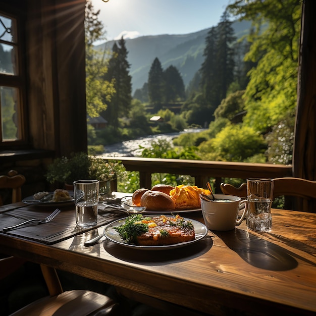 un tavolo con cibo e bevande davanti a una vista sulla montagna.