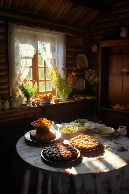 Un tavolo con cibo e fiori sopra