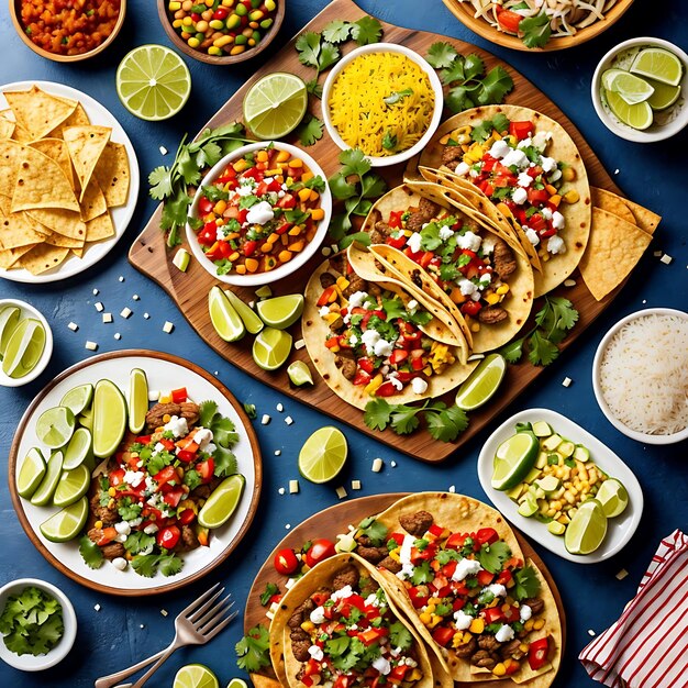 un tavolo con cibo tra cui patatine di tortilla e salsa