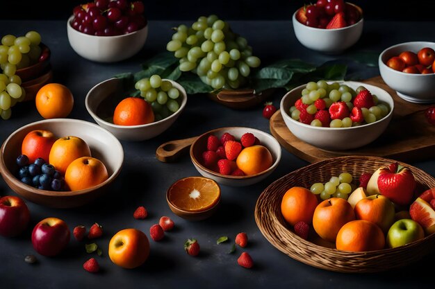 Un tavolo con ciotole di cibo e frutta