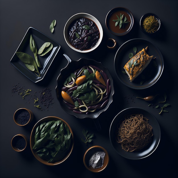 Un tavolo con ciotole di cibo tra cui pasta, verdure e altri alimenti.