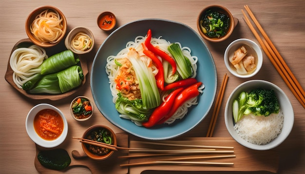 un tavolo con ciotole di cibo tra cui verdure di riso e tagliatelle