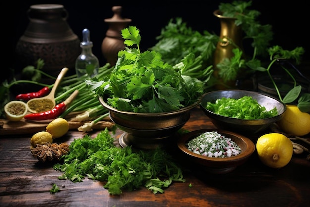 un tavolo con ciotole di verdure, un barattolo di prezzemolo e un limone.