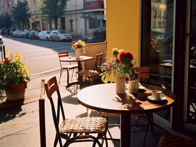 Un tavolo con dei fiori sopra e un'insegna con su scritto "caffè".