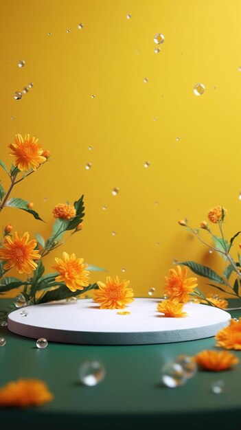 Un tavolo con dei fiori sopra e uno sfondo giallo