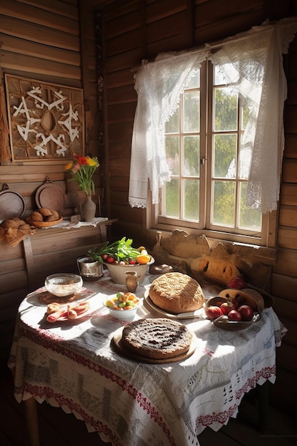 Un tavolo con del cibo e una finestra sullo sfondo