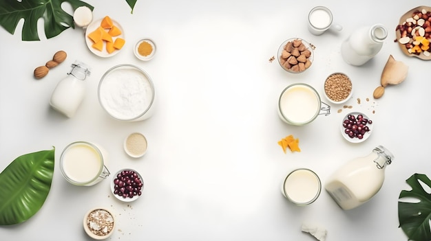 Un tavolo con diversi tipi di latticini tra cui latte, yogurt e muesli.