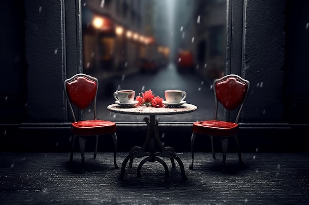 Un tavolo con due sedie rosse e una sedia rossa sopra.