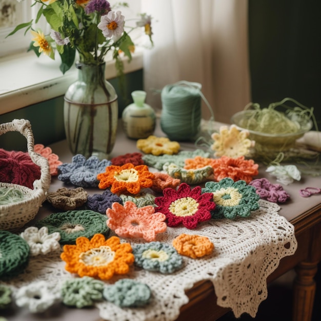 Un tavolo con fiori all'uncinetto e fiori all'uncinetto sopra