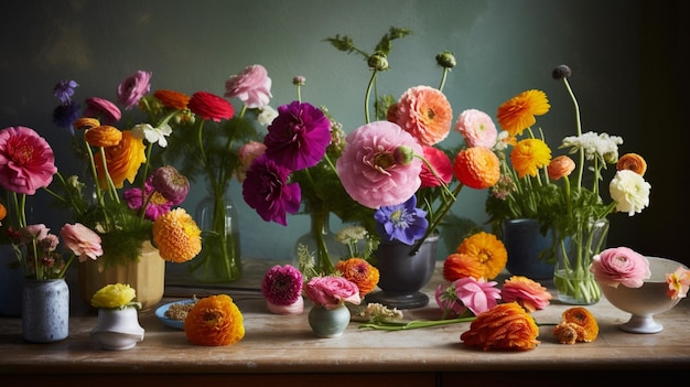 Un tavolo con fiori e un vaso di fiori sopra