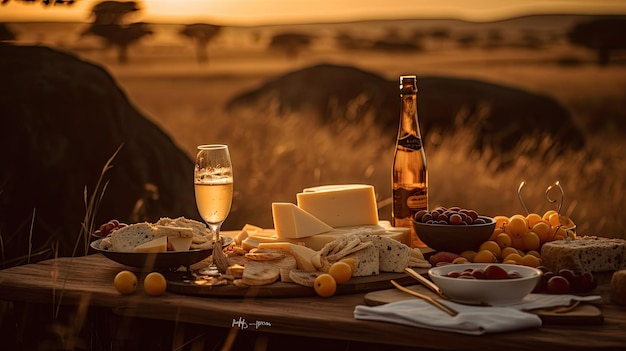 Un tavolo con formaggio e vino e una bottiglia di vino sopra