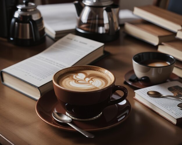 Un tavolo con libri e immagini di caffè caldo scaricabili gratuitamente