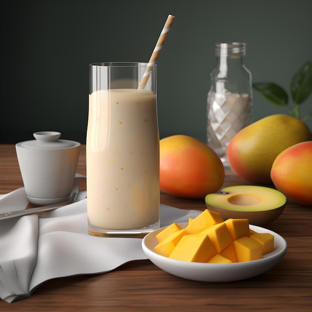 Un tavolo con mango, mango e un bicchiere di latte.