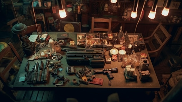 Un tavolo con molti strumenti e molte cose sopra